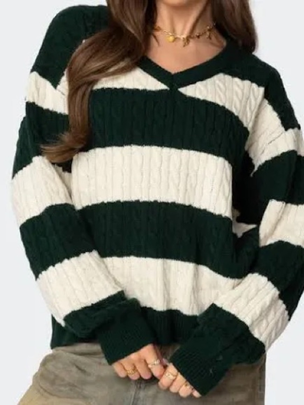 Brandy Melville green and white striped cable-knit V-neck sweater oversized
